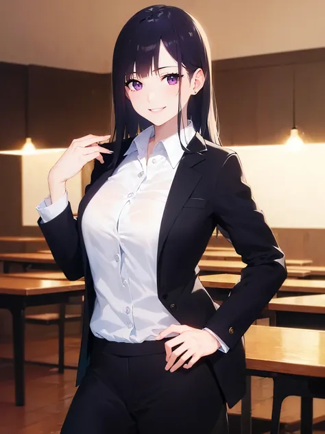 Realistic, real person, (pale skin: 1.2), RAW photo, photorealistic, shiny skin, shiny hair, (28-year-old woman with straight hair and bangs) and (medium hair) and (black hair) and (purple eyes),BREAK(Business suit:1.5)and(White collared shirt)BREAK,(smile...