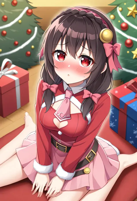 yunyun、masterpiece, best quality, high definition ,(one person), Yunyun、 Former name yunyun, crown blade the same color as your hair, black hair、Red eyes、 hair accessories, hair bow , ( Pink tie :1.2), Black long sleeve, Pink Skirts, belt, ( chest cut...