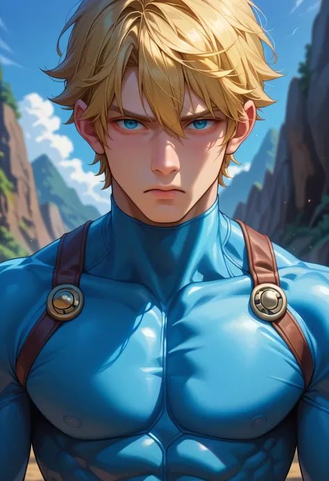 score 9 、score 8 up、score 7 up、1boy、Alone、(male:1.5)、male focus、male body、We def、Blonde、Short Hair、 bodysuit with mouth、blue clothes、blue pantyhose、blue gloves、  standing、Turn your head to the side、 looking at you 、 arm-crossed、Hit、 sad、cave entrance、