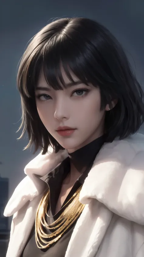 FUBUKI, (BLACK HAIR), Straight hair, TAUT CLOTHES, FUR COAT, JEWELRY, NECKLACE, long face, short hair, straight hair, (photorealistic:1.2), (masterpiece), best quality, (detailed face:1.4), raw photo, ultra realistic 8k, perfect artwork, (background violen...