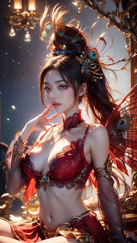 4K, UHD, masterpiece, 1 girl, ((good face)), detailed eyes, very long hair, ((small breasts)), ((peacock clothing)), ((red clothing)), ((strap clothing)), ((red lace)), ((navel)), ((peacock wings)), ((ornaments)), ((fpeacock petticoat)), ((bare hip)), butt...
