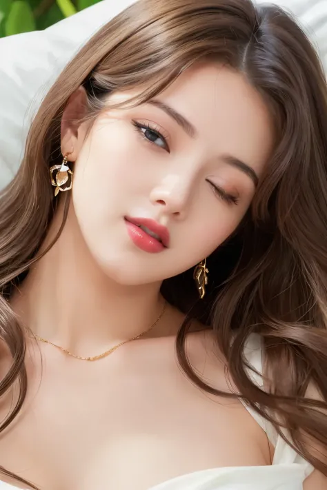 Beautiful black and brown medium hair realistic girl、18 year old girl、very sexy and realistic photos、from the chest up、Angle that emphasizes the face、Focus on the face、Ethereal beauty, Shiny beautiful hair、waves of long hair cascade down her shoulders, ((d...