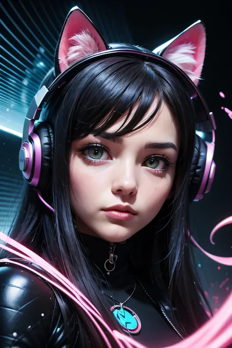 A close up of a cat with headphones on its head, cyberpunk cat, just a joke, beautiful neon cats,  synthetic wave  art style,  synthetic wave  art style ]!!, cat of the void,  synthetic wave  art, Metal cat ears and sparkling eyes, Beeple y Jeremiah Ketner...