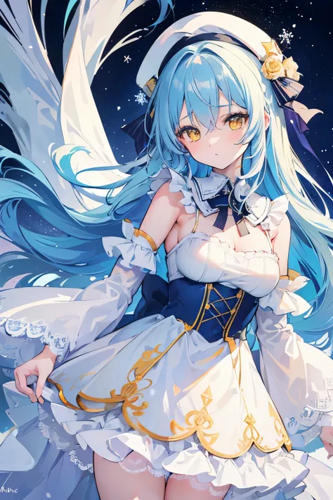 NSFW, 1 girl,yukihana ramy (hololive),
light blue hair,long hair,yellow eyes, Fine and striated hair ,white dress ,white beret,frills,lace, (((masterpiece))), many decorations, high quality, high quality, extremely detailed, 8k, ice, snowflakes, background...