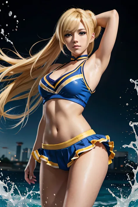 Chica anime with blonde hair and blue eyes posing in a cheerleader outfit, (Chica anime), seductive Chica anime, Arte de anime limpio, Chica anime, arte de anime limpio y detallado, blonde Chica anime with long hair, arte cg de anime suave, splash art anim...