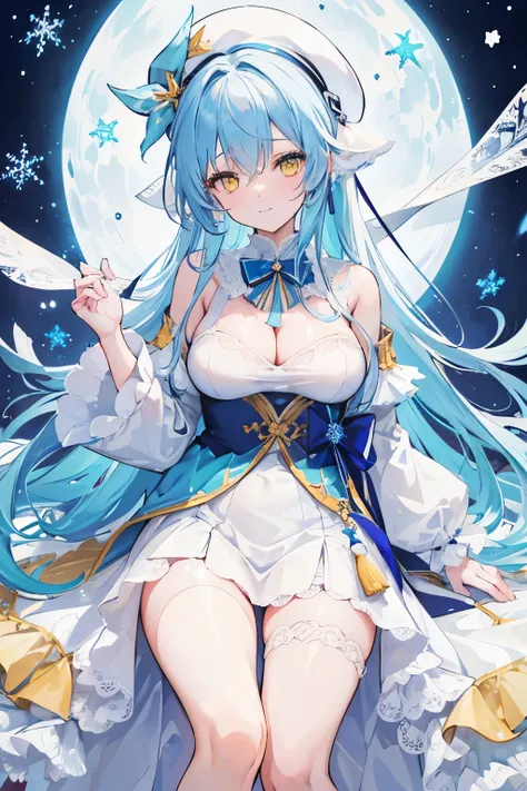 NSFW, 1 girl,yukihana ramy (hololive),
light blue hair,long hair,yellow eyes, Fine and striated hair ,white dress ,white beret,frills,lace,fur+++, light smile,(((masterpiece))), many decorations, high quality, high quality, extremely detailed, 8k, ice, sno...