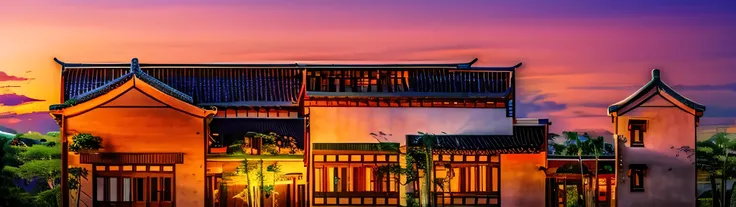 ancient building façade，ancient architectural style，there is a sunset，there are sunsets ，there are bamboo forests