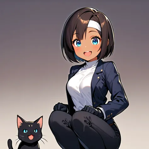 cute girl and cat .  shortcuts,  dark haired, Dark Skin, blue eyes, ((  ROLLED BLACK JACKET  )), gloves,  white t-shirt, ( white headband to tie the bust ),  black pants ,  long boots, Brown belt, squat,  expensive,  Oblique Eyes ,  open her mouth ,smile