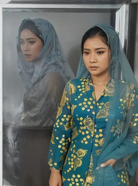 An Indonesian woman wearing a patterned blue kebaya and a transparent veil is standing, neat, focused, realistic, 8k