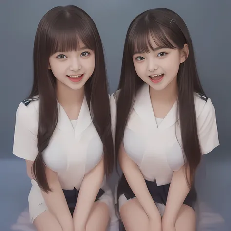 (Highest quality, masterpiece:1.2), Highest quality, High resolution, 1080P, 8k, (Two 14yo Japanese beautiful girl idols are seated and give strong subliminal sexual invitation and temptation, undressing navy uniform, cute skirt with beautiful knees, looki...