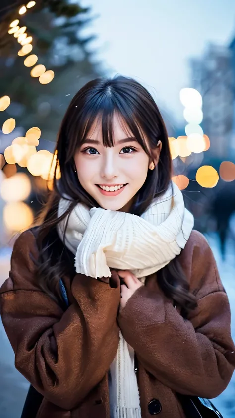(Wore a winter uniform and scarf coat、 Close-up portrait of a girl with long hair and dull bangs:1.5)、(one person*** wearing a winter uniform and scarf coat spreads her arms and has a shy smile :1.5)、Age 25、( Christmas decorations on a street corner on a s...
