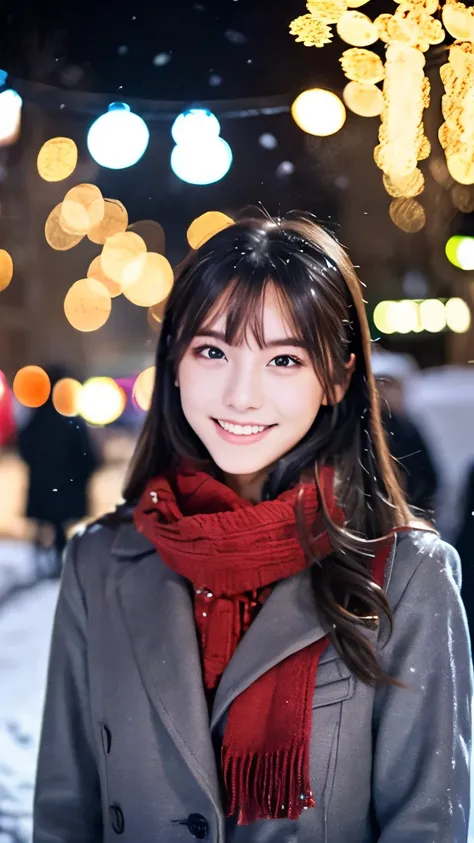 (Wore a winter uniform and scarf coat、 Close-up portrait of a girl with long hair and dull bangs:1.5)、(one person*** wearing a winter uniform and scarf coat spreads her arms and has a shy smile :1.5)、Age 25、( Christmas decorations on a street corner on a s...