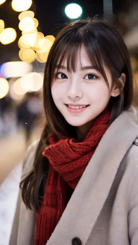 (Wore a winter uniform and scarf coat、 Close-up portrait of a girl with long hair and dull bangs:1.5)、(one person*** wearing a winter uniform and scarf coat spreads her arms and has a shy smile :1.5)、Age 25、( Christmas decorations on a street corner on a s...