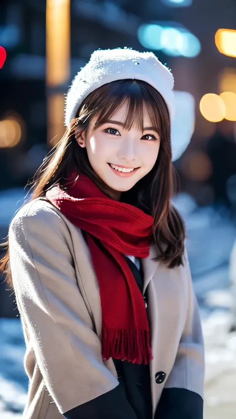 (Wore a winter uniform and scarf coat、 Close-up portrait of a girl with long hair and dull bangs:1.5)、(one person*** wearing a winter uniform and scarf coat spreads her arms and has a shy smile :1.5)、Age 25、( Christmas decorations on a street corner on a s...