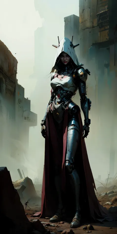 dark and torn, (hd), (4k), ((woman in a white open front dress, girl in white armor, beautiful full body concept art, epic and exquisite character art, dominatrix killer robot, silver armor and revealing white clothes, holy cyborg necromancer girl, cyborg ...