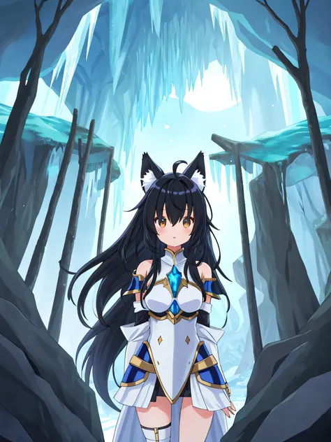 3girls, solo, masterpiece, anime, indoors, ice cave, lighty armor, shoulder armor, black hair, long hair, fox ears down, skunk tail, ahoge, hair flaps, shy, hair over eyes, 