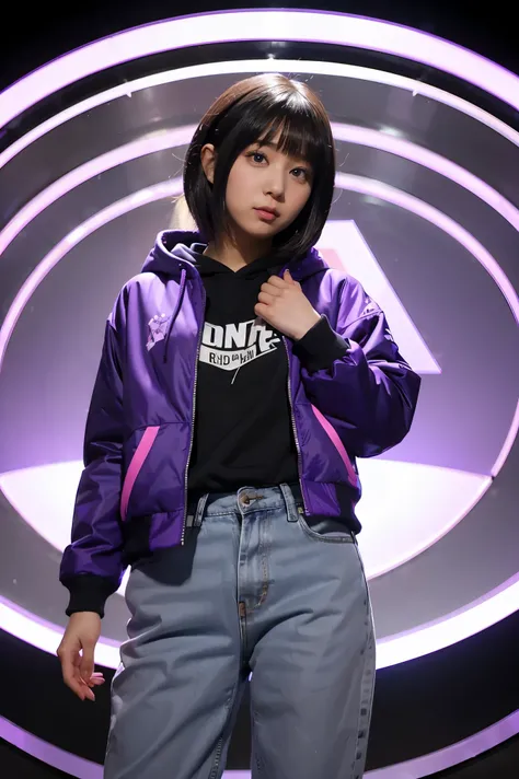 a girl in a purple jacket and black pants standing in front of a circular object, hinata hyuga, hinata hyuga from naruto, dark blue haired girl wearing hoodie, anime girl of the future, blunt bangs, purple eyes, pink lips, dynamic angle