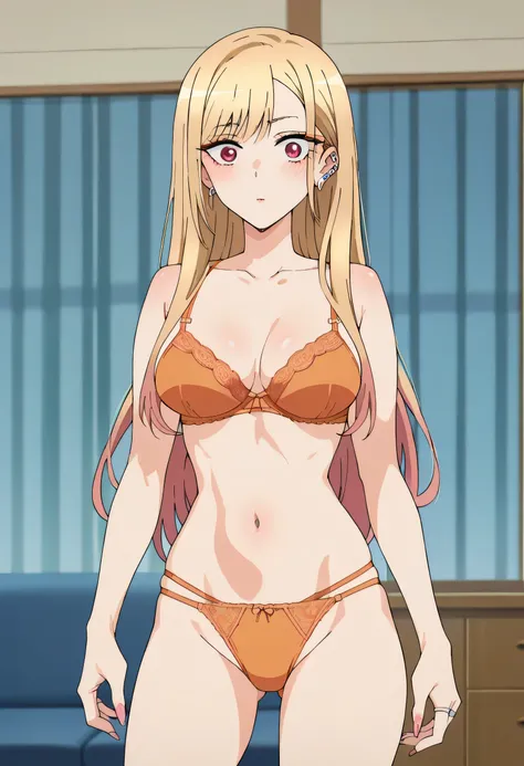 kitagawa_marin, multicolored hair, blonde hair, long hair, magenta eyes, ear piercing, earrings, pink nails, makeup, multicolored hair, medium breasts, rounded breasts, blush, MULTICOLORED HAIR, marin kitagawa, KitagawaMarin, orange bra, orange panties, st...