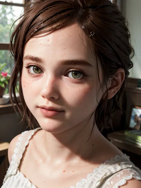 A stunning and intricate full color Ultra-HD portrait, a girl, short brown hair, green eyes, detailed face, ((detailed face:1.5)), ((cute face:1.3)),((flat chiest:1.5)),White sleeveless, in a bedroom with a window. no plants, epic character composition, al...