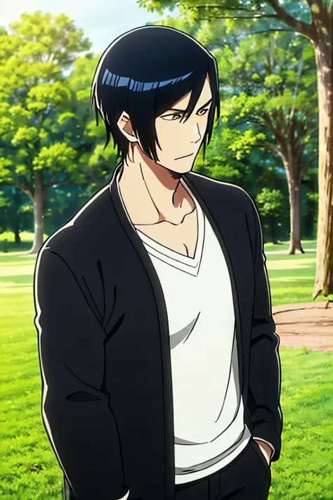 Human Man with black hair, casual clothes primary color Red and Black, in park