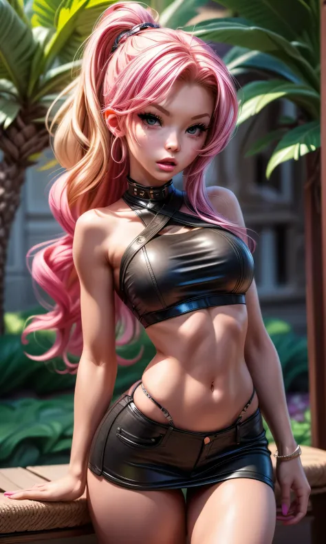 masterpiece, high detail,  a girl, adolescent, s, barbie sins , beautiful,  pink hair,  green eyes,  curly hair , slim, small,  ...