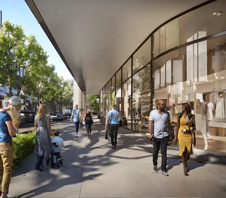 people walking down a sidewalk in front of a store with a glass wall, photo from 2022, artistic impression, architectural rendering, by Fletcher Martin, hyper-realistic, hyper - realistic, artist impression, street level view, wide angle exterior 2022, peo...