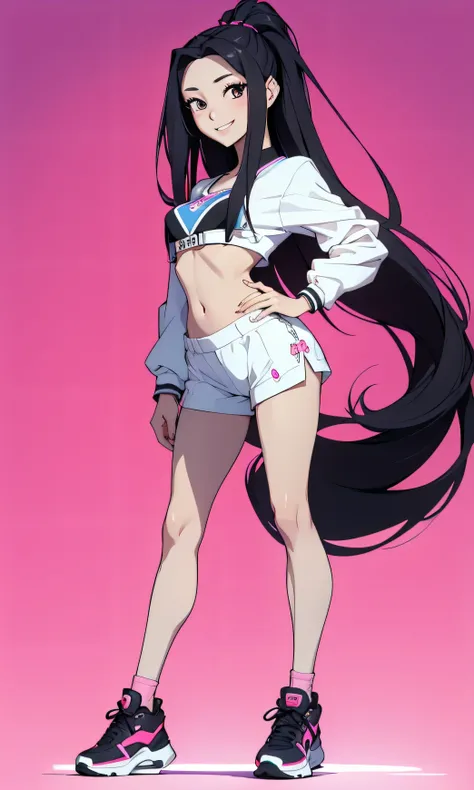 masterpiece, a teenage girl , Yuna de Itzy, slim, beautiful, Korean, Kpop, long hair , black cabello, black eyes, cuerpo entero, standing, flat stomach, cute legs, white skin , short color azul, pink top with logo, ties, Tender Pose, smile, Shoes,...
