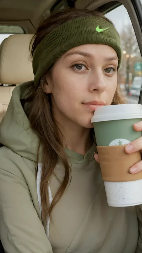  create an image of a 27-year-old woman ,  brown hair, inside a modern car ,  wearing a green sweatshirt and a Nike headpiece .  She is holding a cup of coffee ,  with a relaxed and contented expression , while looking out the window.  The interior of the ...