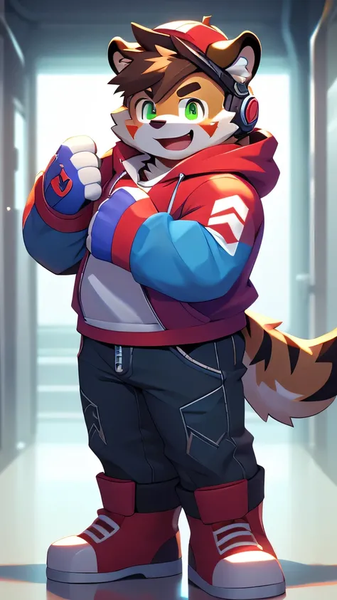 A young wolf boy with green emerald eyes, brown messy hair, brunette fur, with two tiger like stripes on each cheek; wearing a light blue and purple striped zipper short sleeve hoodie with white neck fluff plus a white long sleeve shirt with a "no entry" r...