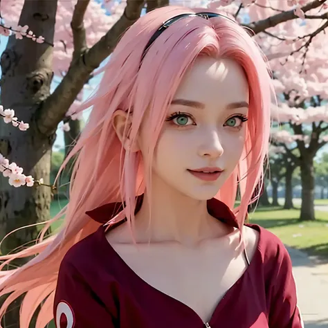 tmasterpiece，  Best quality at the best price ， 1 girl，  Sakura Haruno，  Big breasts ， Clothing with showing shoulders ，（ cleavage)，（close-up do tronco)，Sexy Lifted，is shy，smile，with pink hair，  long white hair ， （ green eyes :1.4)， ， as cherry trees，Flying cherry trees ，red clothes，Half zipper 