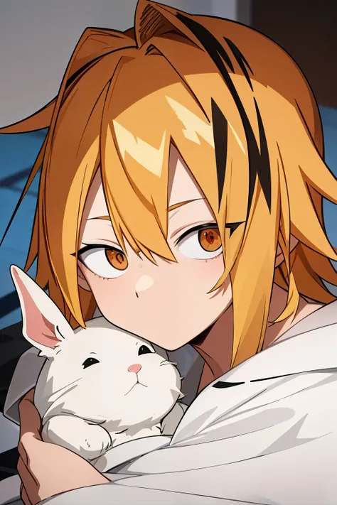 masterpiece , better quality , lyrics, 1 , Alone, male focus, looking at the viewer , upper body, Kaminari_thank you, blonde hair, multicolored _hair, Small baby wrapped in a blanket, curious, sitting on the floor , mirada: curious, Large Shirt, hug...