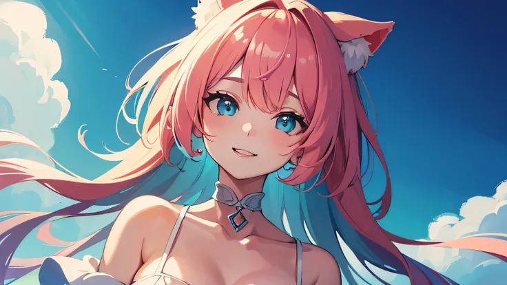 ((wallpaper)), (UHD, 8k, beautiful, stylish: 1.6), (((masterpiece))), adorably stunning anime girl with cat ears, styled in 2.5D hyper-realistic design, her silky, pastel-colored hair flowing in soft waves, a mix of pink, lavender, and mint green hues glow...