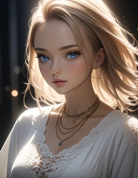 best quality, masterpiece, high resolution, A girl, blond, Blue eyes, fashion clothing, necklace, jewelry, Pretty Face, Perfect breasts, more than_Body, Tyndall effect, lifelike, Dark Studio, Side lighting, Two-color lighting, (HD Skin:1.2), 8k Ultra HD, S...