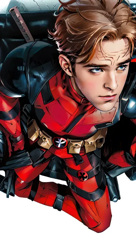 a close up of a man in a deadpool costume laying on a sofa, kim Taehyung dead pool, ryan gosling as deadpool, deadpool, deadpool live action costume, portrait of deadpool, portrait shot, closeup shot, poster shot, kim taehyung wearing a fat suit, closeup -...