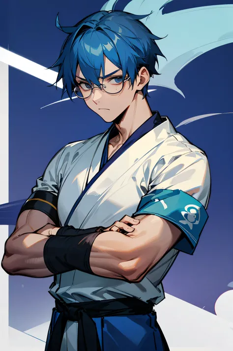 
Adult, male ,Blue hair, Dojo clothes, Serious Expression, armband, glasses,