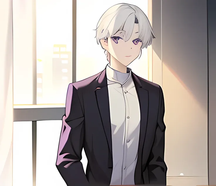 man, you are pale,  medium white hair ,  purple eyes, fit body, elegant suit,  open shirt revealing the torso,  office environment, a dominant pose  