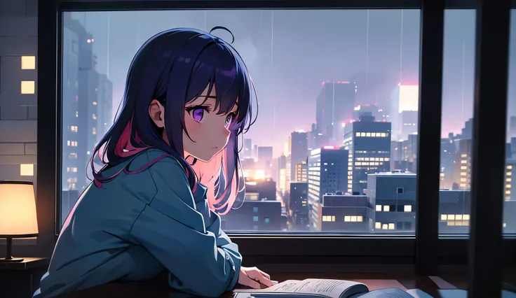 A lo-fi anime-style illustration of a girl studying in her cozy room, seen from outside her apartment window at night. The room glows with soft, warm lighting, contrasting with the cool, dark tones of the nighttime cityscape. The girl, with colorful hair (...