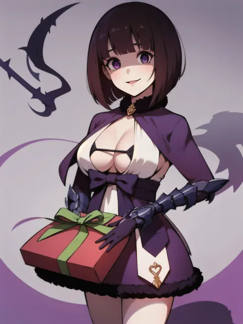 masterpiece, Highest quality, One girl, eric, Purple eyes, Brown Hair, Blunt bangs, Bobcut, Two honjiao, , bare shoulisers, Elbow hand pockets, Gauntlet, Reis Skirt, fur trim, View your viewers, :is, IncrsVGift Both, incoming gift, outisoors, evil smile,sh...