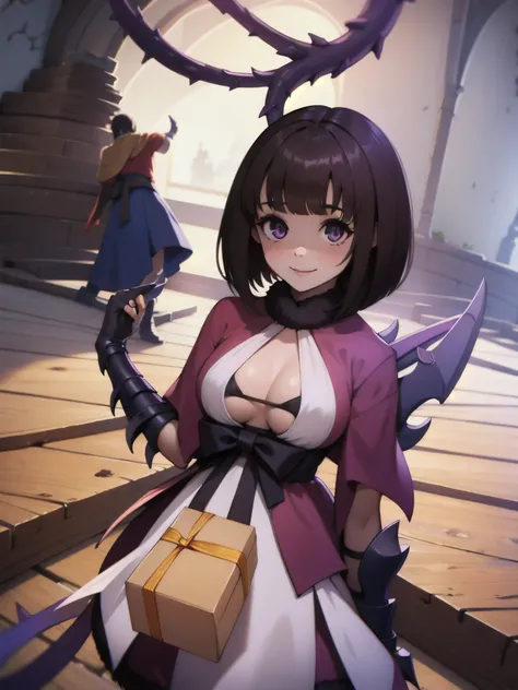 masterpiece, Highest quality, One girl, eric, Purple eyes, Brown Hair, Blunt bangs, Bobcut, Two honjiao, , bare shoulisers, Elbow hand pockets, Gauntlet, Reis Skirt, fur trim, View your viewers, :is, IncrsVGift Both, incoming gift, outisoors, evil smile,sh...