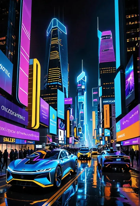 The scene features towering skyscrapers with glowing neon accents and holographic advertisements. The streets are wide and clean, lined with autonomous vehicles and advanced streetlights. The buildings have a sleek, modern design with integrated AI element...