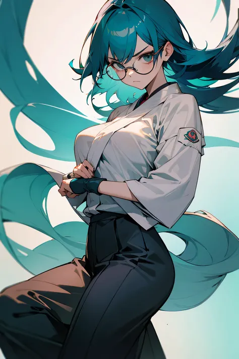 Adult, Female, Glasses,Dojo Clothes, Serious Expression, Teal Hair.