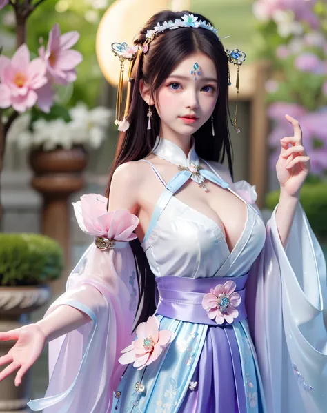 (8k, RAW photo:1.2), best quality, ultra high res,dramatic angle,(fluttered detailed color splashs), (illustration),((( girl l2 yerld old))),(long hair),(rain:0.9), (Headdress:1.4),There is an ancient palace beside the girl,Hanfu,(Key Points),Color ink pai...