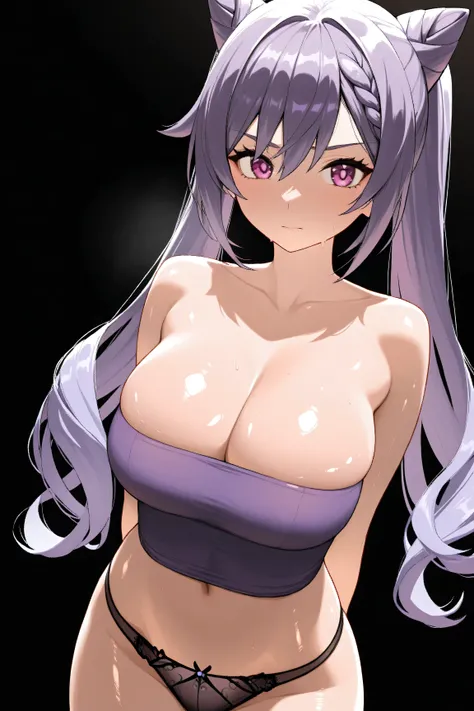 keqing from Genshin Impact, big breasts, purple hair, purple eyes, tight tube top, panties, arms behind back, shiny skin, black background, looking at viewer, 