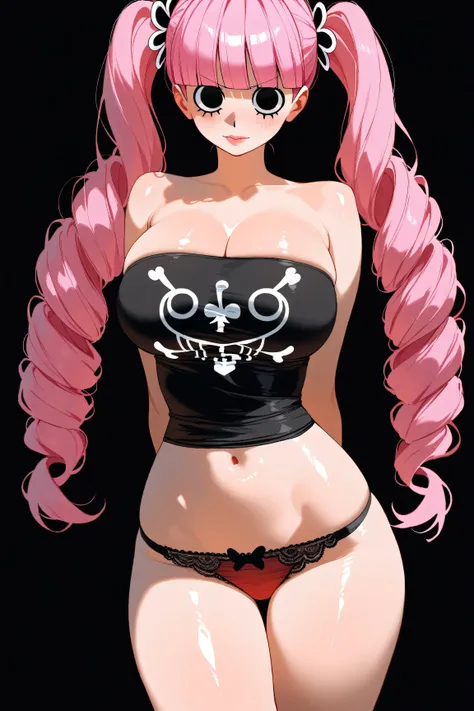 Perona from One Piece, big breasts, pink hair, black eyes, tight tube top, panties, arms behind back, shiny skin, black background, looking at viewer, 