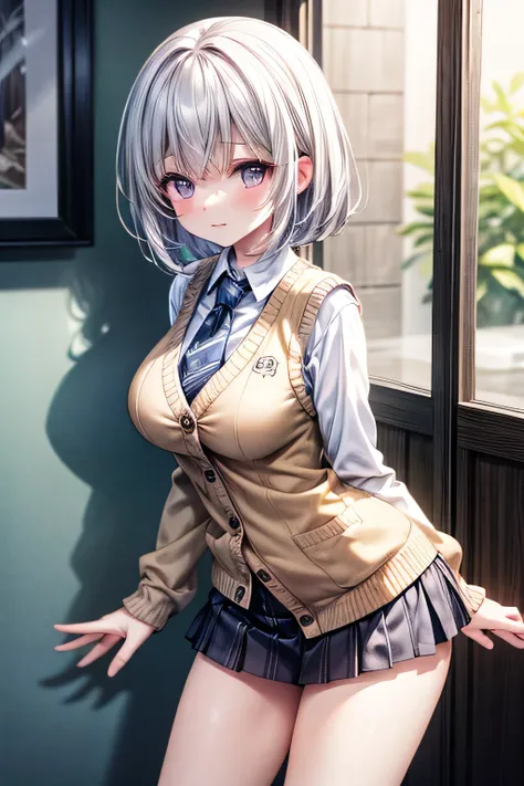 ( very detailed CG Unity 8K wallpaper),(  Masterpiece ), (  best quality ), ( very detailed), (Best Illustrations),( vest shadow ),  Big Breasts ,purple eyes and purple short hair ,, white blouse, blue tie,  Mini Skirt（Please hold the panties by hand and p...