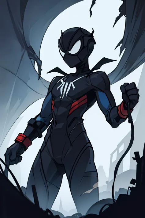 A Spider-man   :

     Suit

An asymmetric design in matte black with shades of dark gray that seem to undulate like bright shadows.

 A torn layer that flows like smoke ,  allowing it to camouflage itself in the dark .

 Mask with bright dark blue eyes , ...