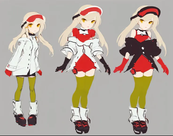 three different poses of a woman in a red and white outfit, clear outfit design, outfit design, gravity rush inspired, anime character design, anime style character, full body character design, outfit designs, human game protagonist designs, full body char...