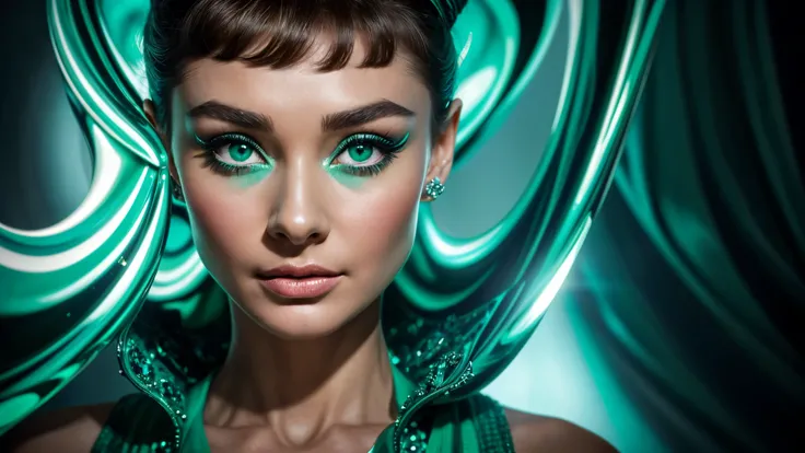 Audrey Hepburn-inspired portrait of a woman with flawless eyebrows, striking emerald-green eyes that seem to sparkle with an intense turquoise hue, captured through a lens that distorts and exaggerates the features, accentuating the sharp contrasts of ligh...