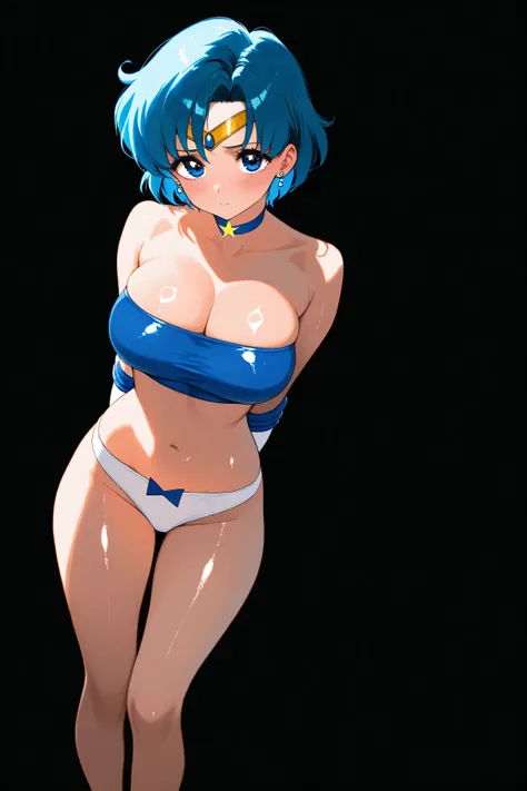 Sailor Mercury from Sailor Moon, big breasts, blue hair,  blue eyes, tight tube top, panties, arms behind back, shiny skin, black background, looking at viewer, 