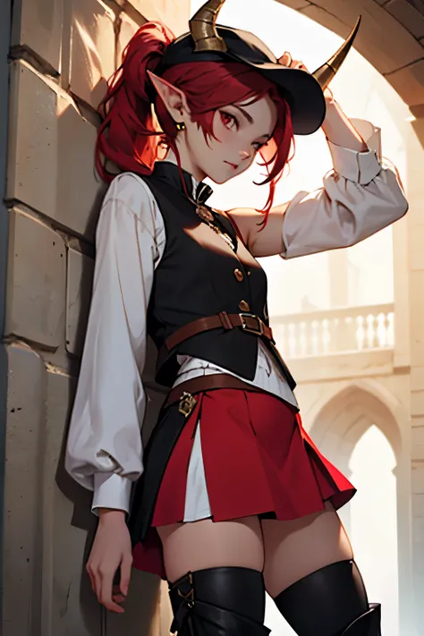  She has long red hair tied into two ponytails. Red eyes, elven ears. On her head is a black hat with small horns. Medieval clothing. White tunic with a red skirt, black sleeveless vest. Black shoulder pads. Black long boots.